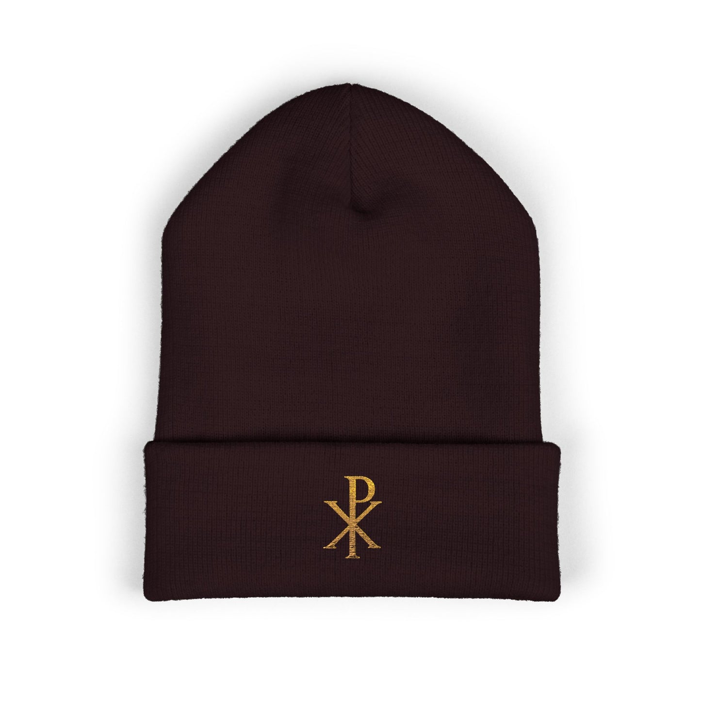 Radiant Faith Cuffed Beanie – Gold Chi Rho Embroidery