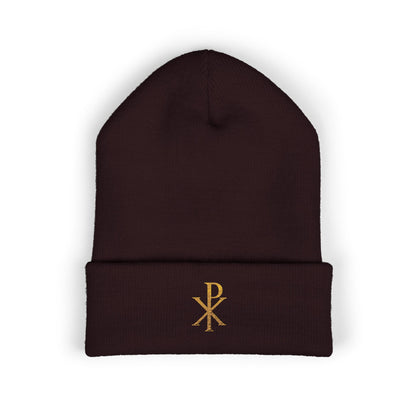 Radiant Faith Cuffed Beanie – Gold Chi Rho Embroidery