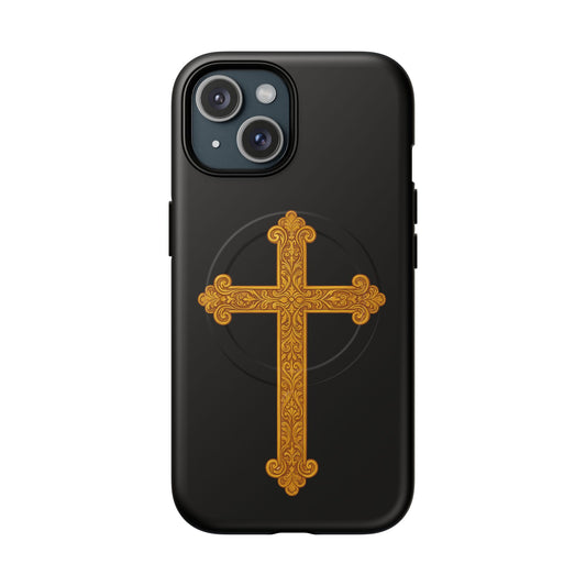 Gold Cross on Black Magnetic Tough Case for iPhone – Strength in Faith