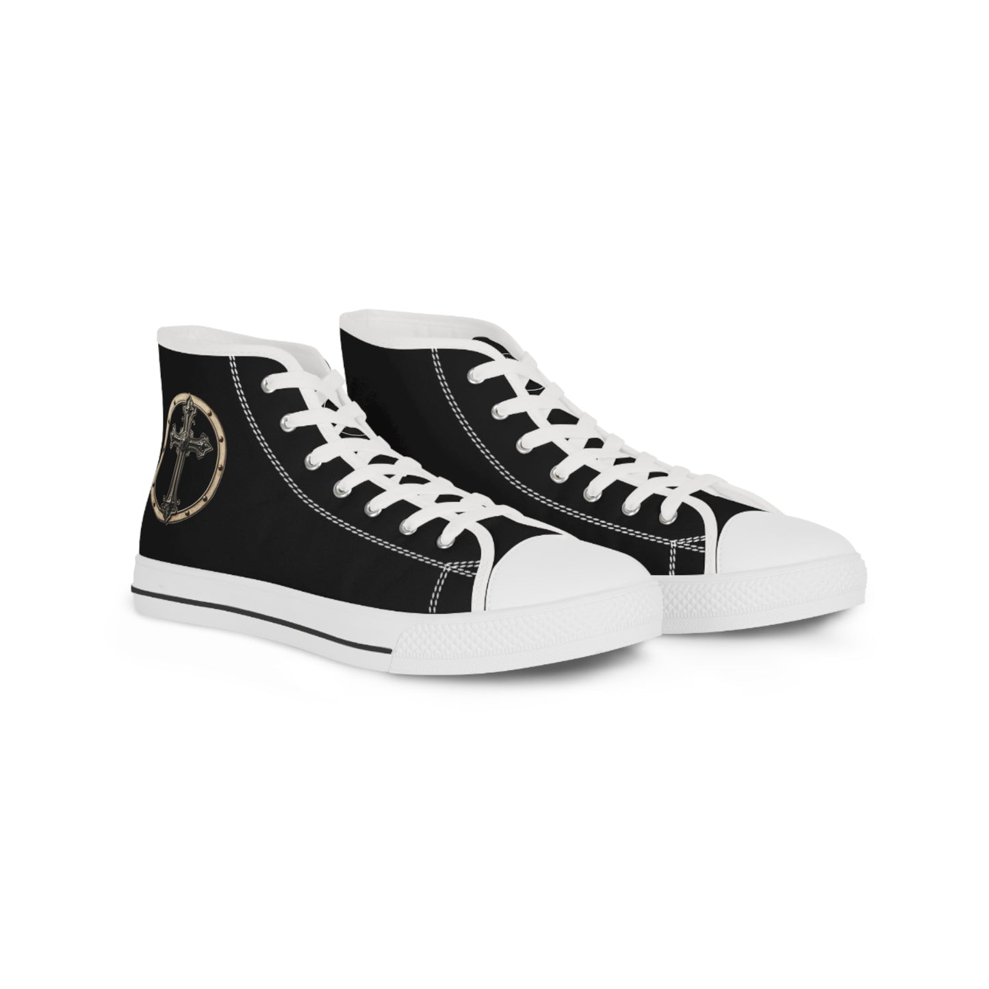 Iron Faith – Men’s High-Top Canvas Sneakers in Black with Cross & Riveted Iron Emblem