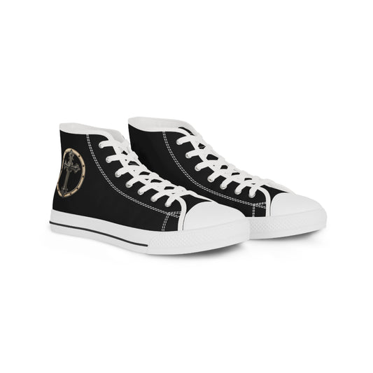Iron Faith – Men’s High-Top Canvas Sneakers in Black with Cross & Riveted Iron Emblem