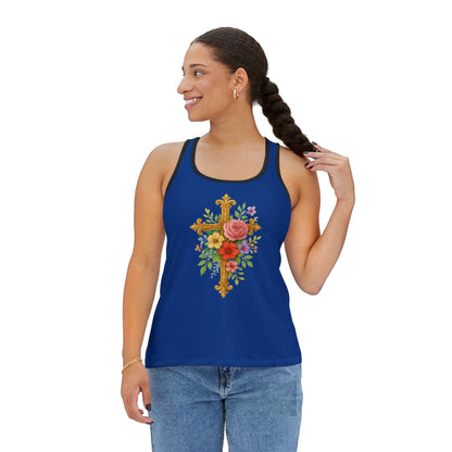 Floral Cross Women’s Christian Tank Top in Blue – Beauty in the Power of the Cross