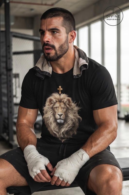 A muscular man in a gym wearing a black t-shirt with a detailed graphic of a lion wearing a cross on its forehead. The shirt has a gray hood lining.
