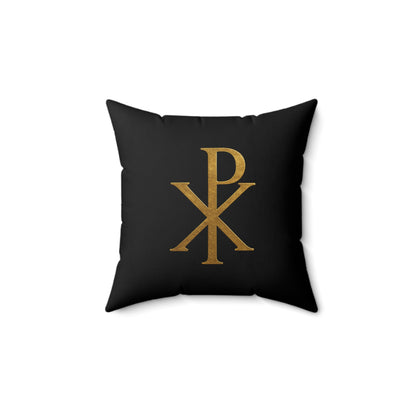 Gold Chi Rho Black Square Pillow – Elegant Christian Symbol Accent