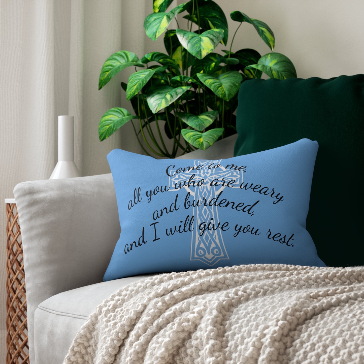 Matthew 11:28 Lumbar Pillow – Rest for the Weary (Literally in blue!)