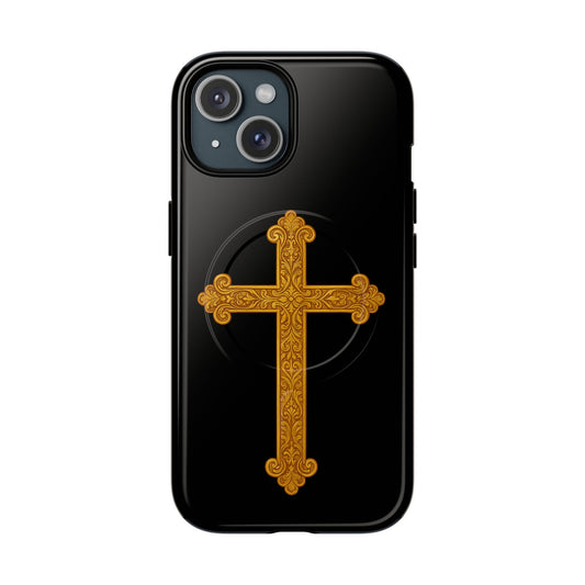 Gold Cross on Black Magnetic Tough Case for iPhone – Strength in Faith