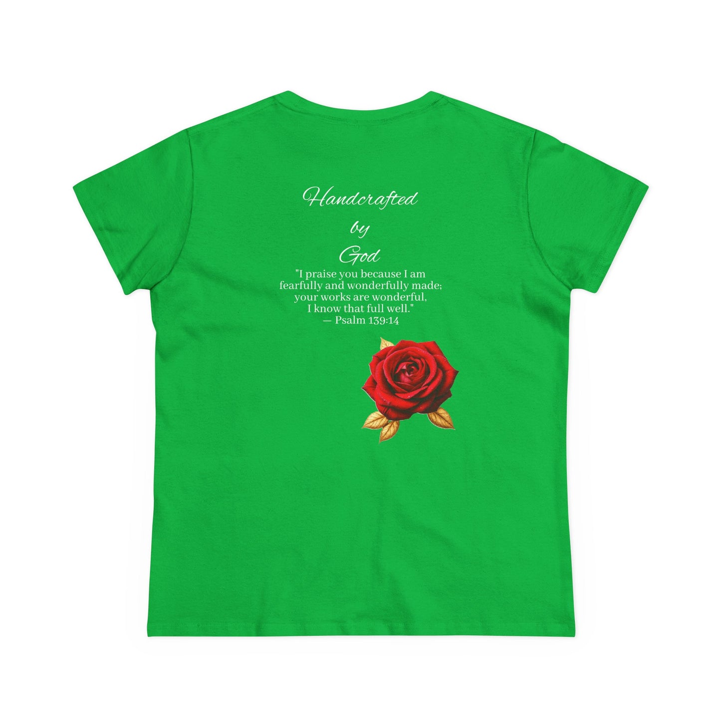 Handcrafted By God Women’s Christian Tee – Rose Design, White Lettering
