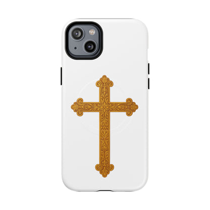 Gold Cross on White Magnetic Tough Case for iPhone – Strength in Faith