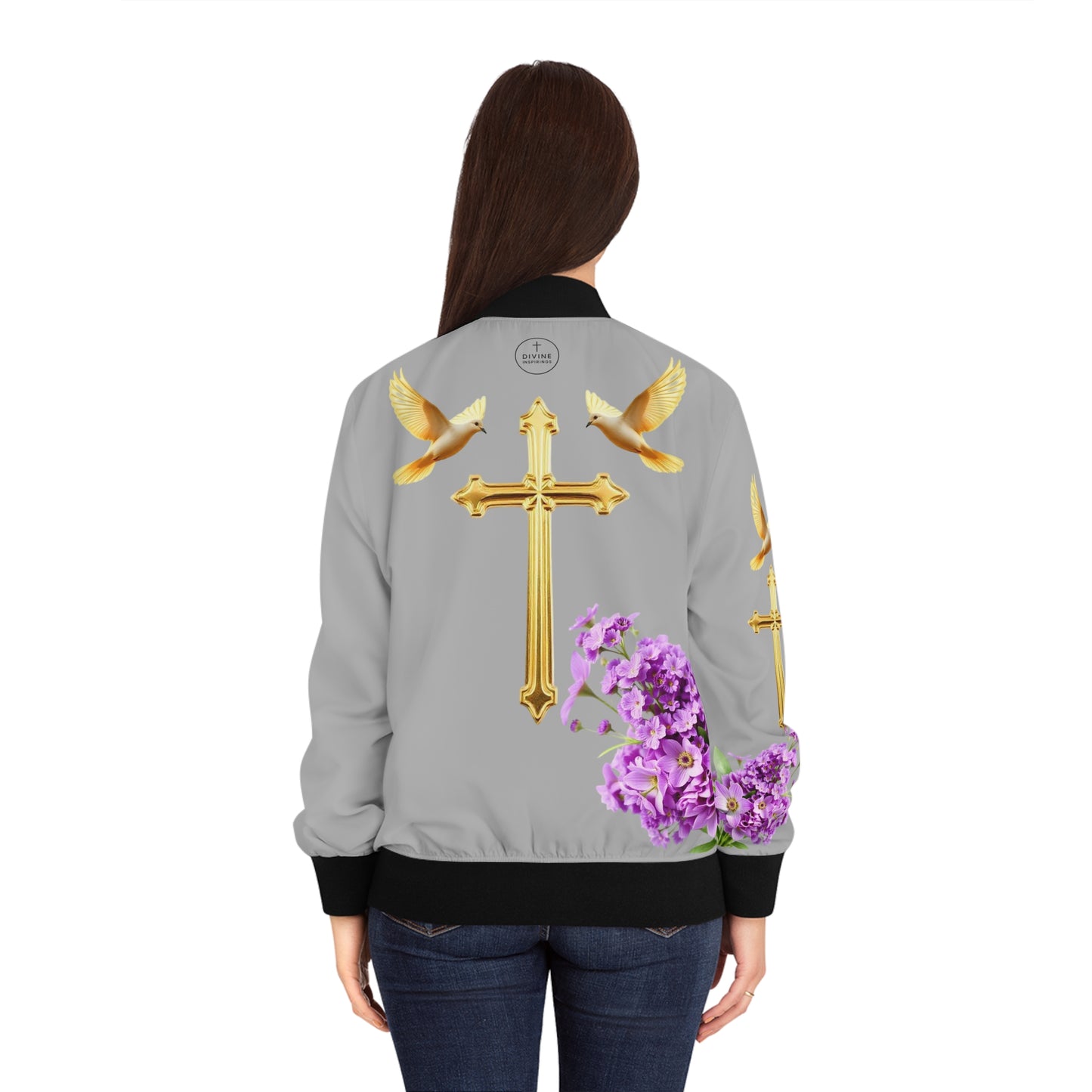 Heavenly Ascent – Gold Cross & Doves Women’s Bomber Jacket in Grey