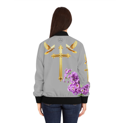 Heavenly Ascent – Gold Cross & Doves Women’s Bomber Jacket in Grey