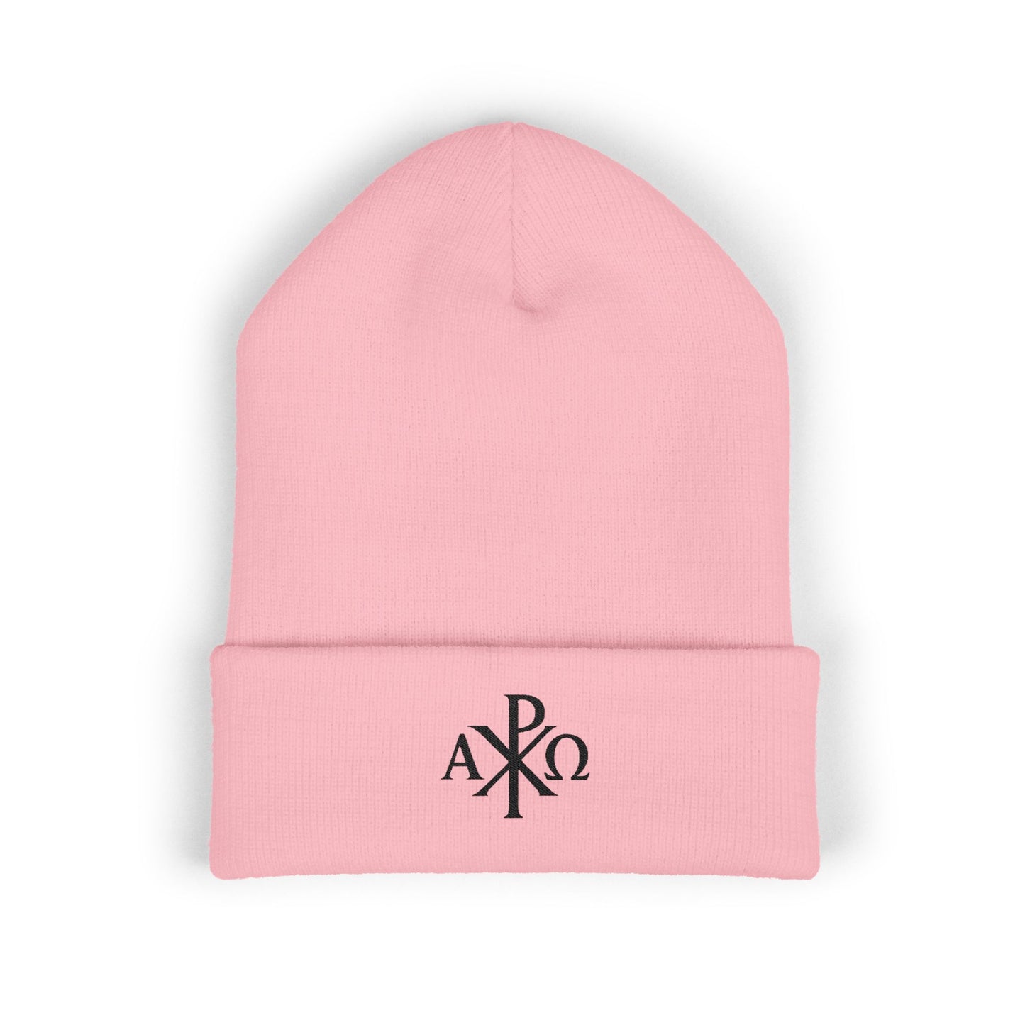 Eternal Light Cuffed Beanie – Black Chi Rho with Alpha & Omega