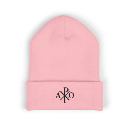Eternal Light Cuffed Beanie – Black Chi Rho with Alpha & Omega
