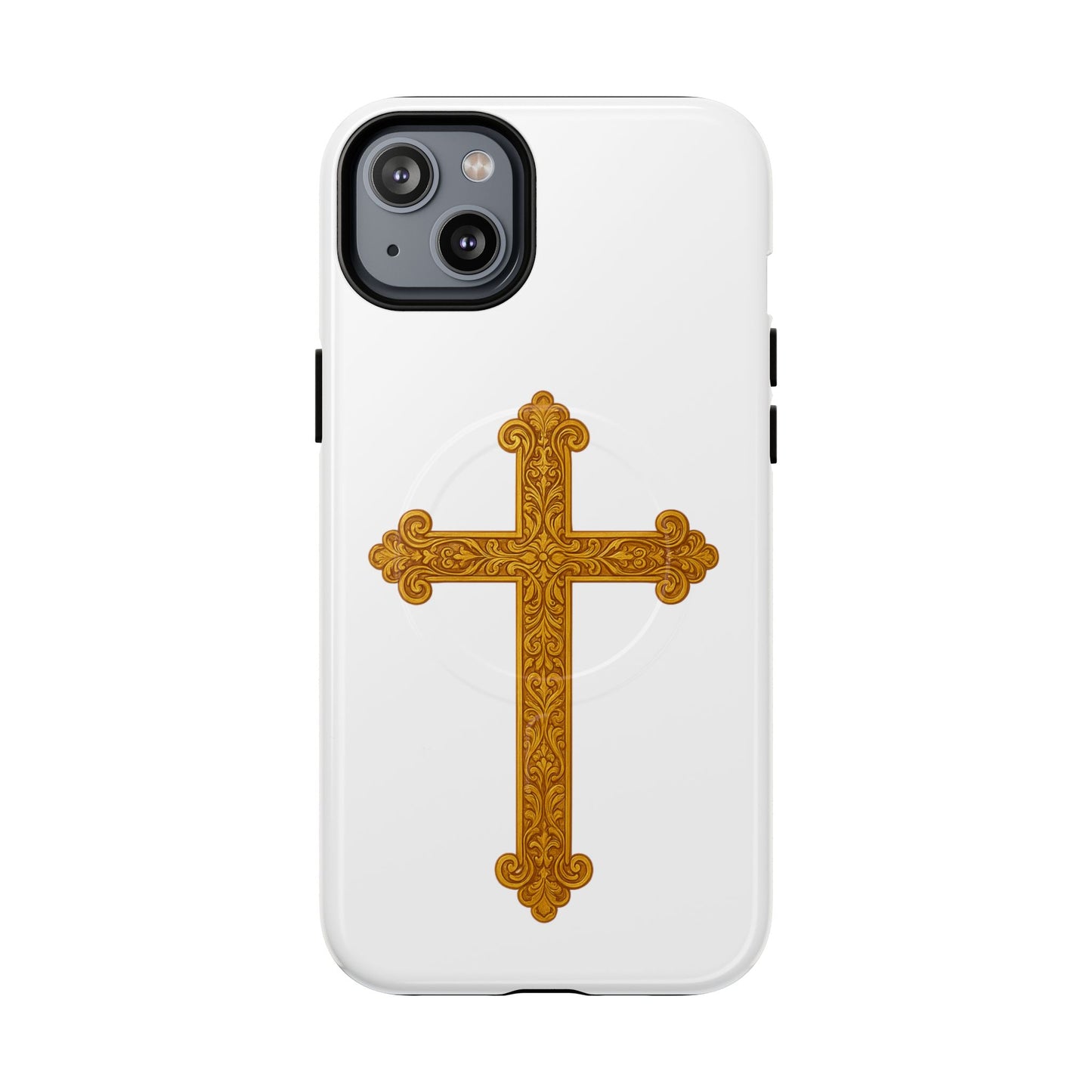 Gold Cross on White Magnetic Tough Case for iPhone – Strength in Faith