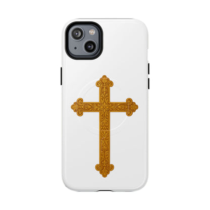 Gold Cross on White Magnetic Tough Case for iPhone – Strength in Faith