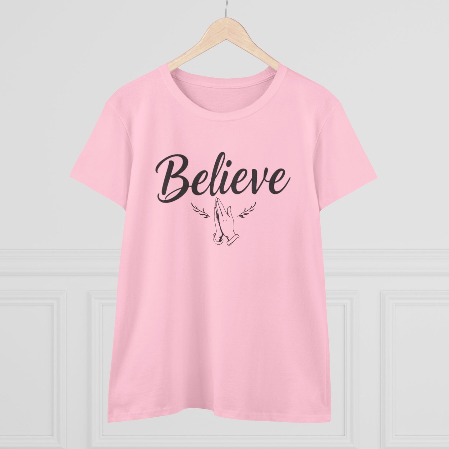Believe – Women’s Christian Tee with Praying Hands & Romans 10:9