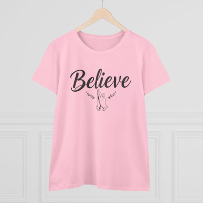 Believe – Women’s Christian Tee with Praying Hands & Romans 10:9