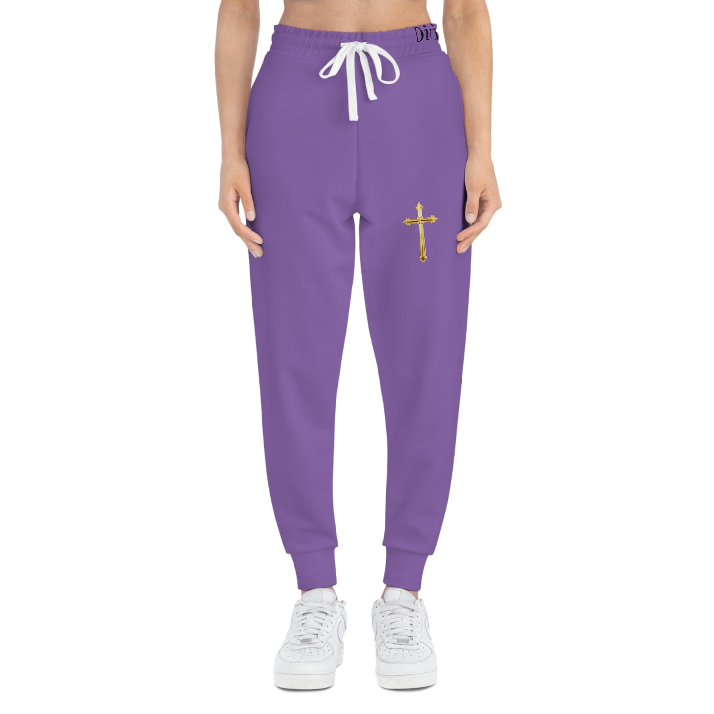 Golden Grace Women's Jogging Pants in Purple with Gold Cross Design