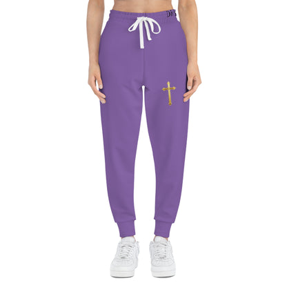 Golden Grace Women's Jogging Pants in Purple with Gold Cross Design