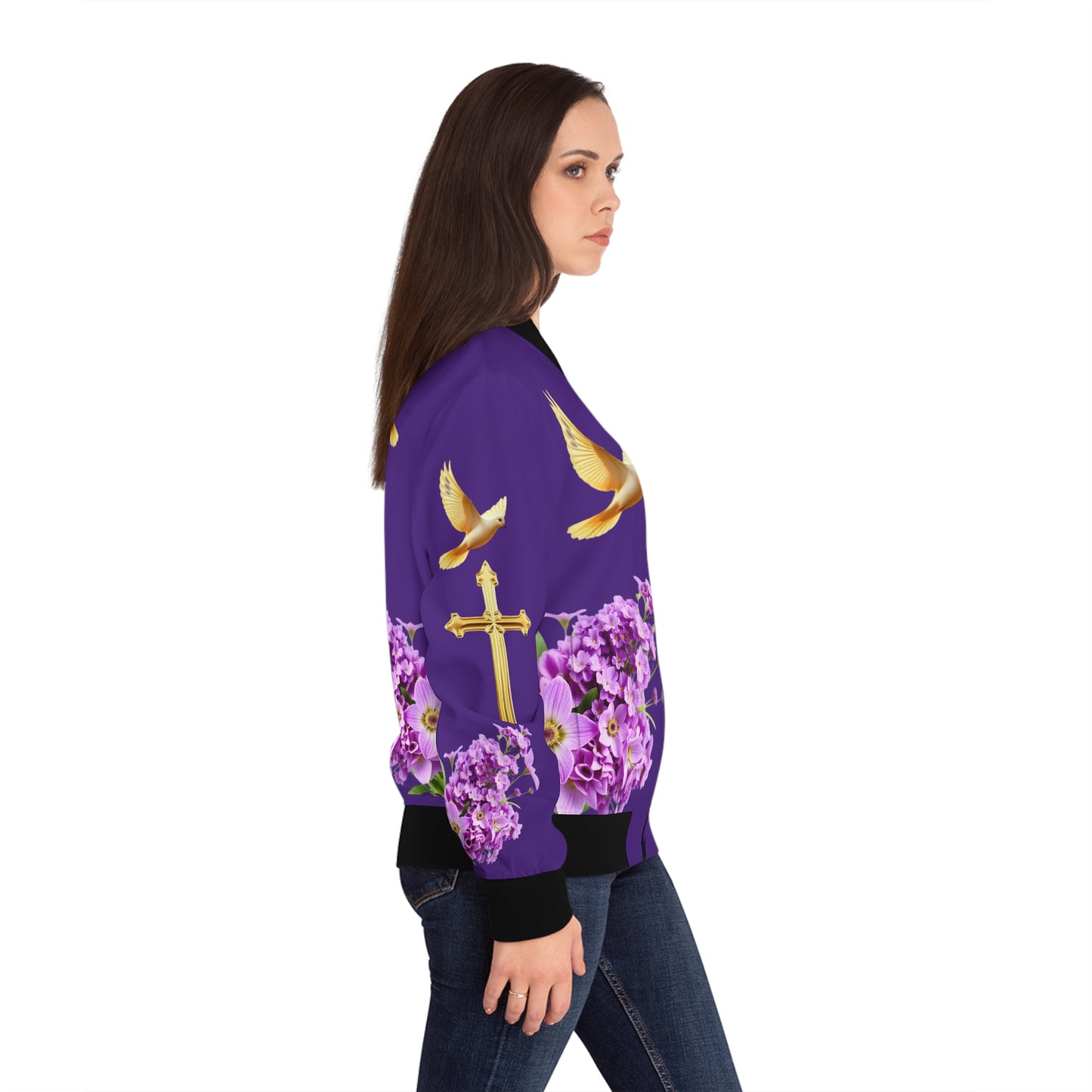 Heavenly Ascent – Gold Cross & Doves Women’s Bomber Jacket in Purple