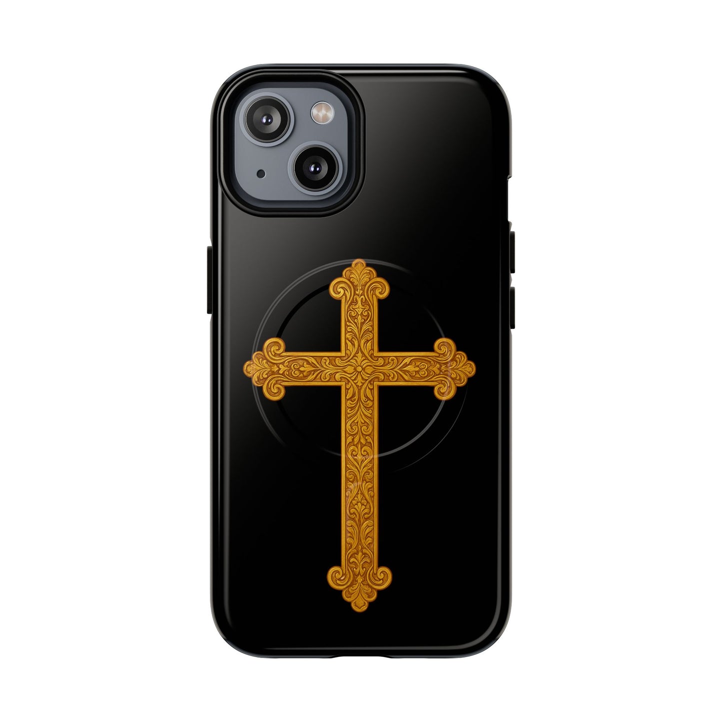 Gold Cross on Black Magnetic Tough Case for iPhone – Strength in Faith