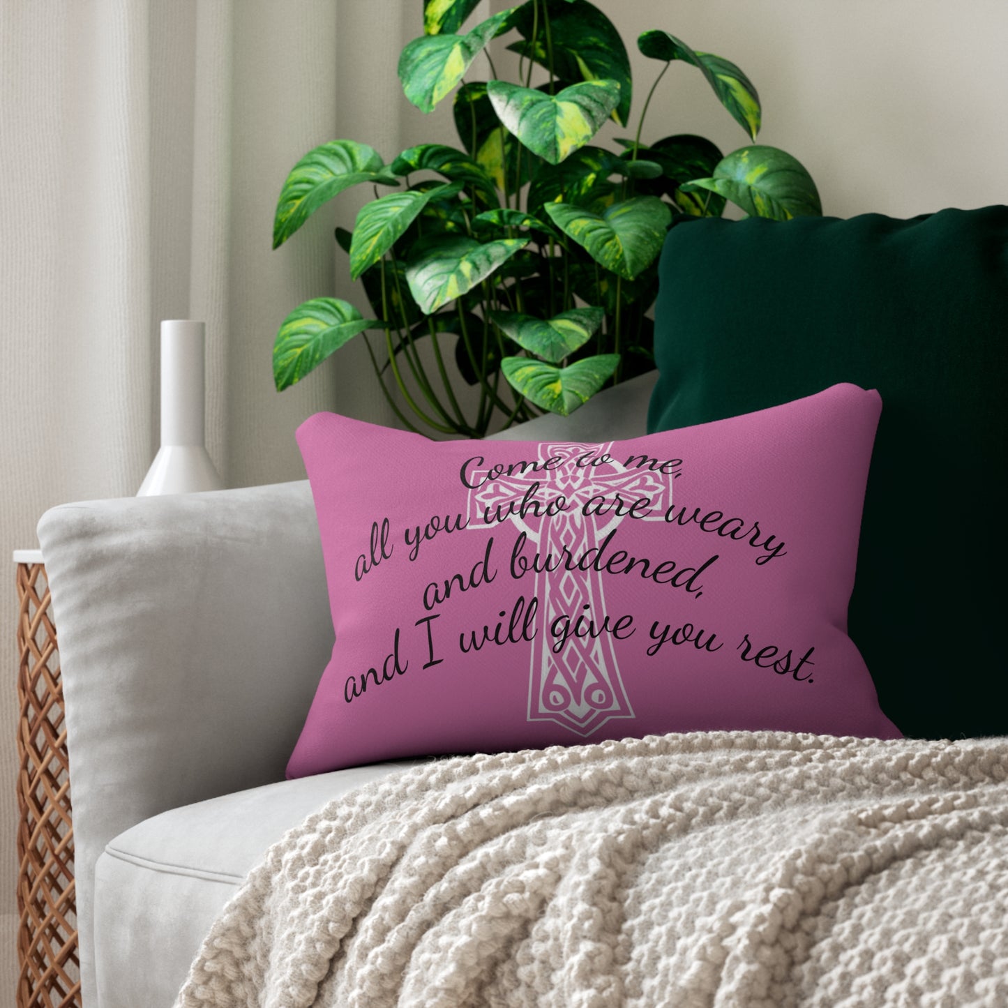 Matthew 11:28 Lumbar Pillow – Rest for the Weary (Literally in pink!)