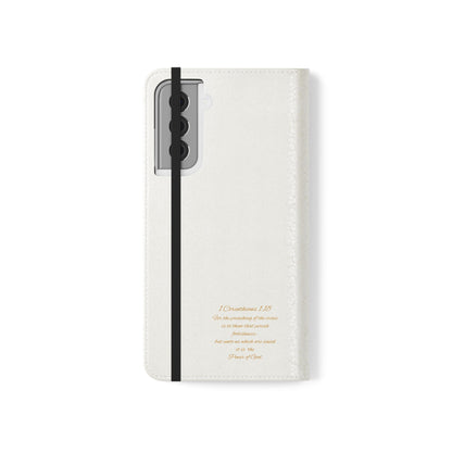 White with Gold Cross & 1 Corinthians 1:18 - Samsung Flip/Wallet Phone Case