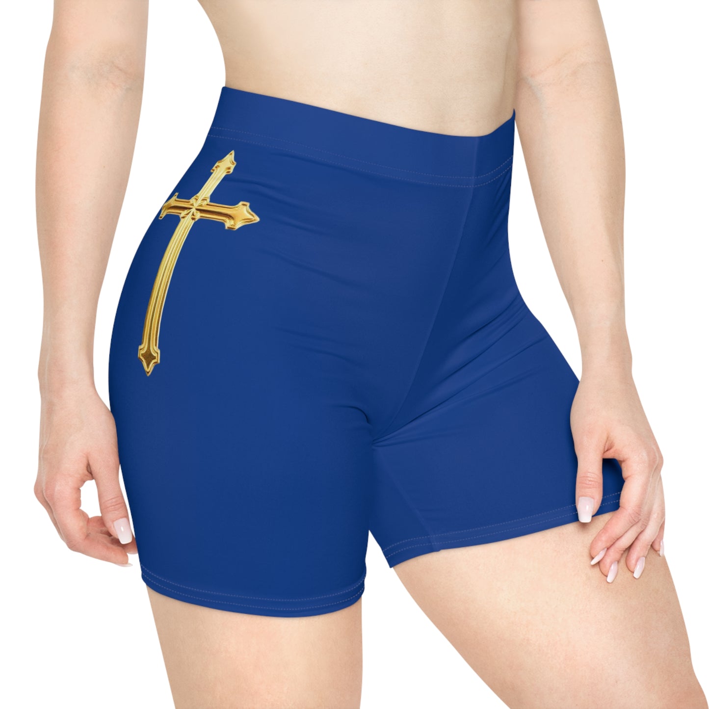 Gold Cross Women’s Biking Shorts in Blue – Symbol of Eternal Victory