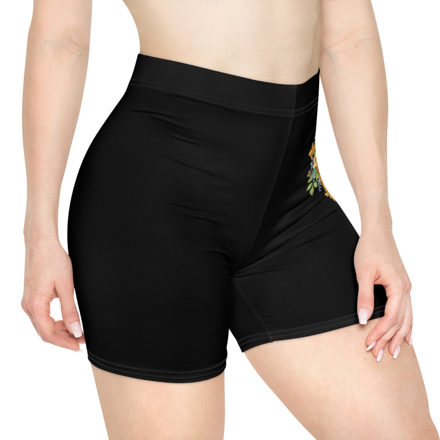 Floral Cross Women’s Biking Shorts in Black – Beauty and Strength in the Cross
