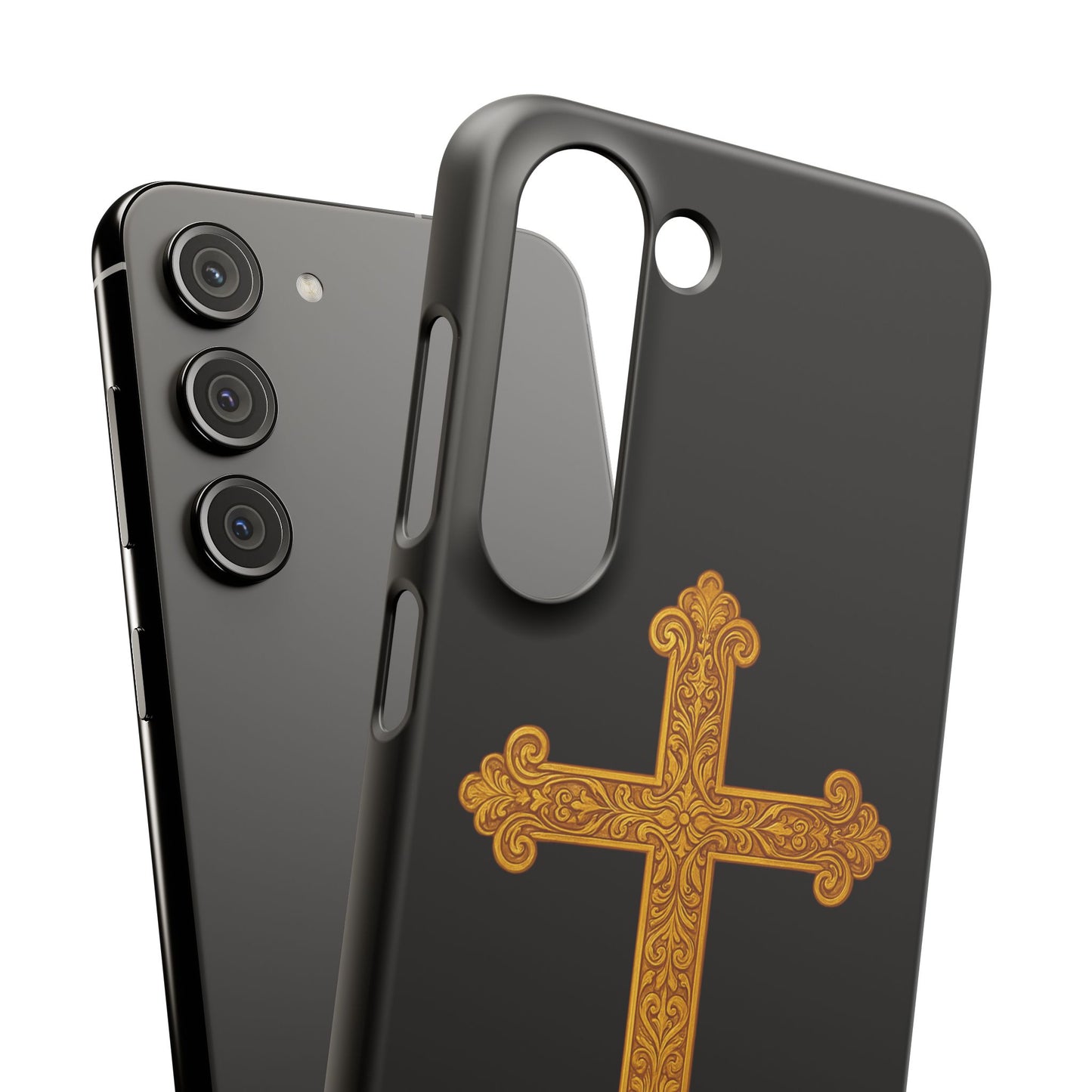 Black Samsung Snap Case – Gold Cross Design