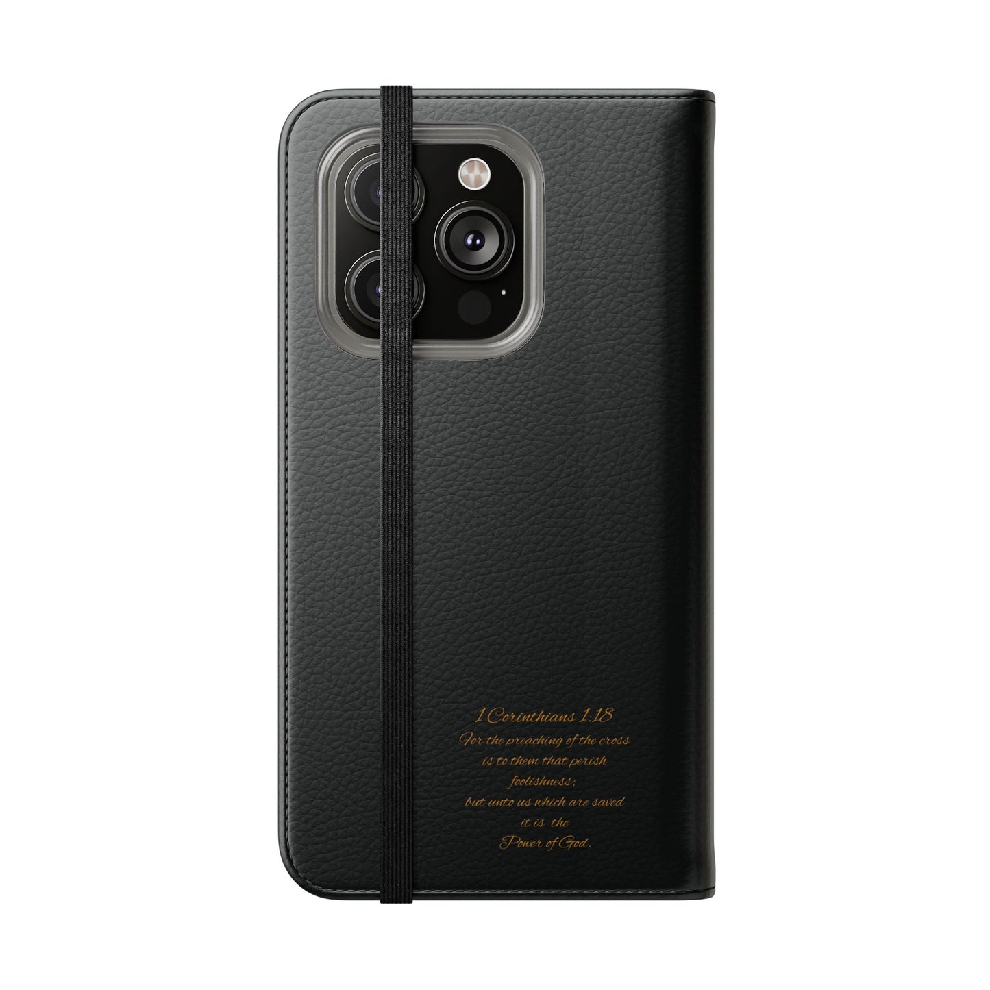 Black with Gold Cross & 1 Corinthians 1:18 - iPhone Flip/Wallet Phone Case