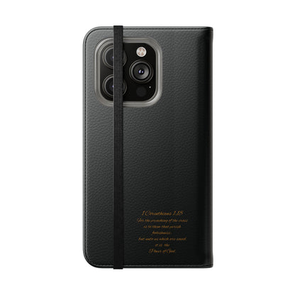 Black with Gold Cross & 1 Corinthians 1:18 - iPhone Flip/Wallet Phone Case