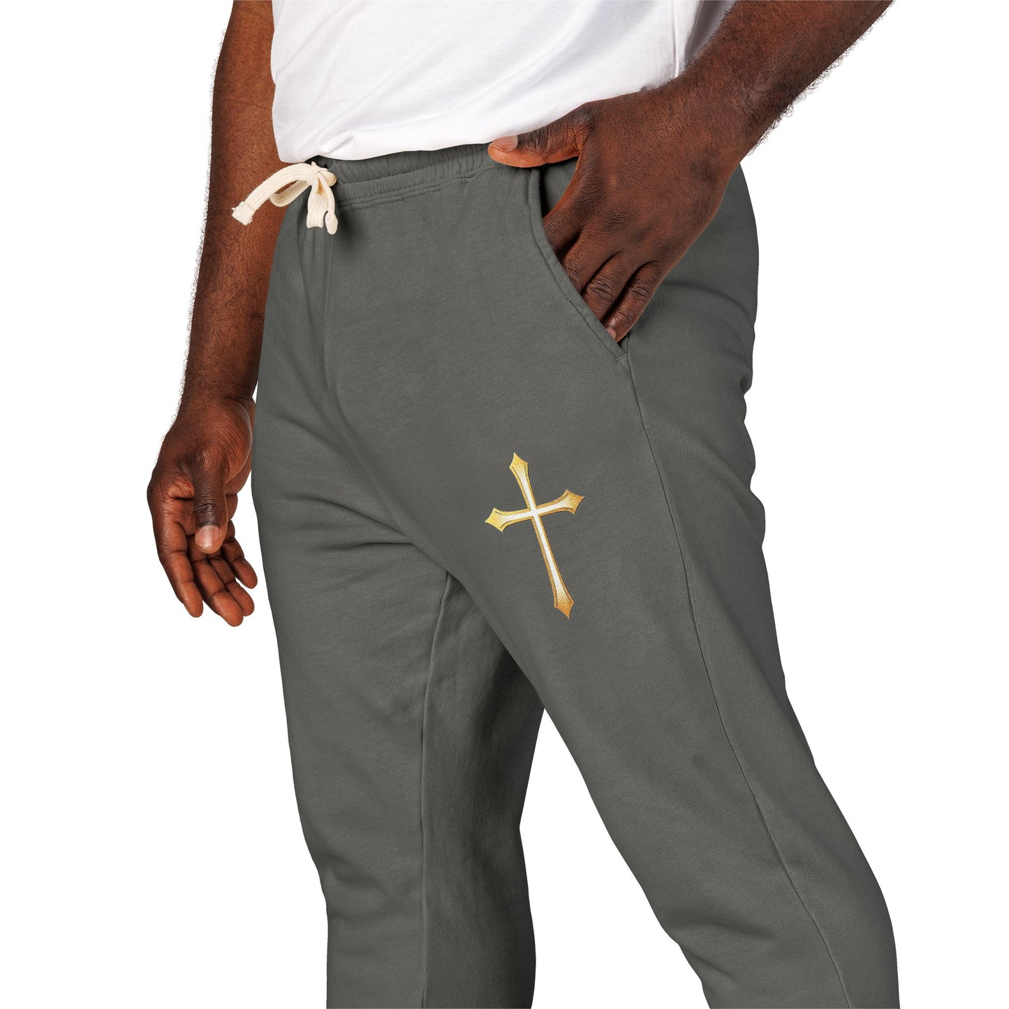 Men’s Modern Gold Cross Fleece Jogger Pants – Comfortable Faith-Inspired Style