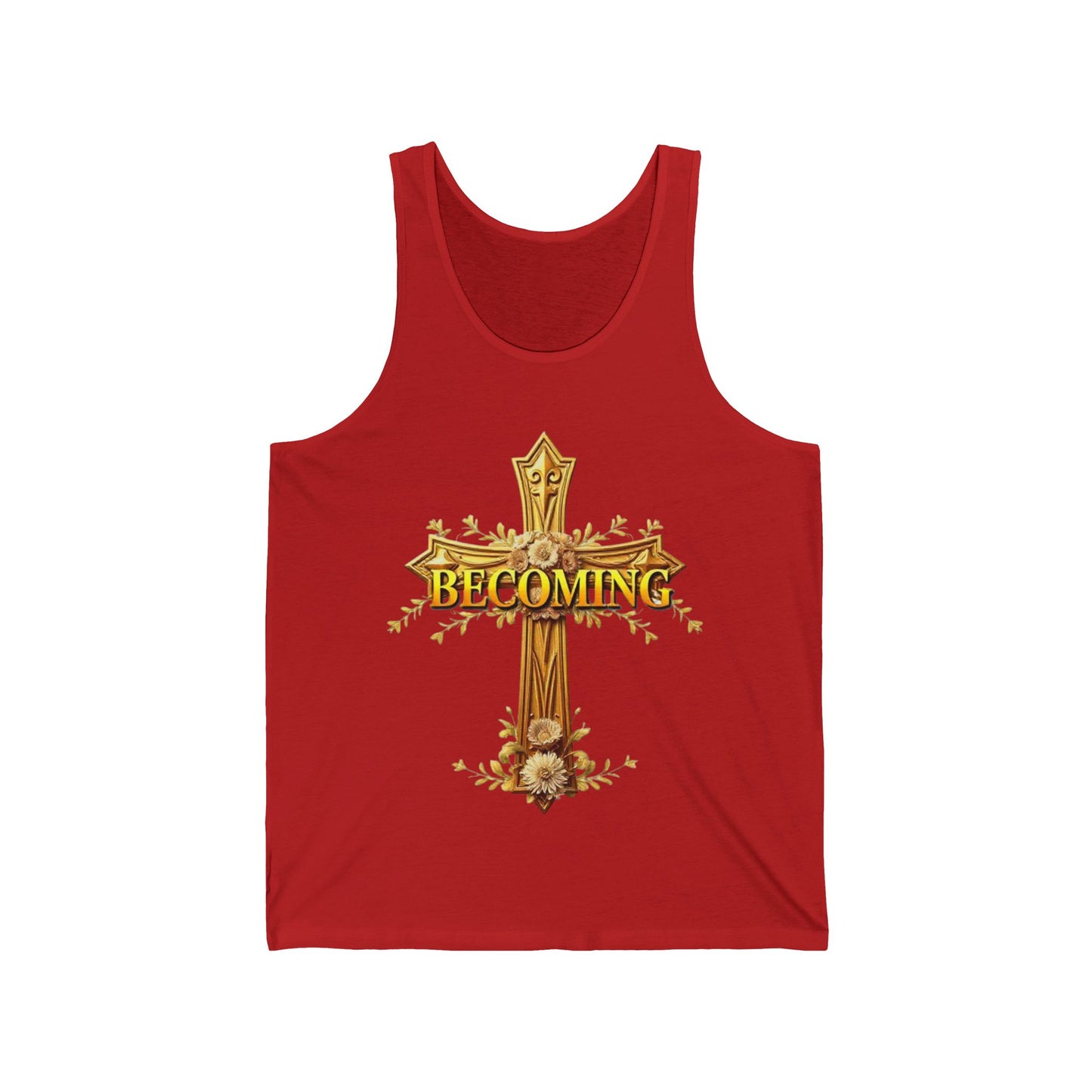 Becoming Women’s Tank Top – Gold Cross Edition (1 Corinthians 15:49