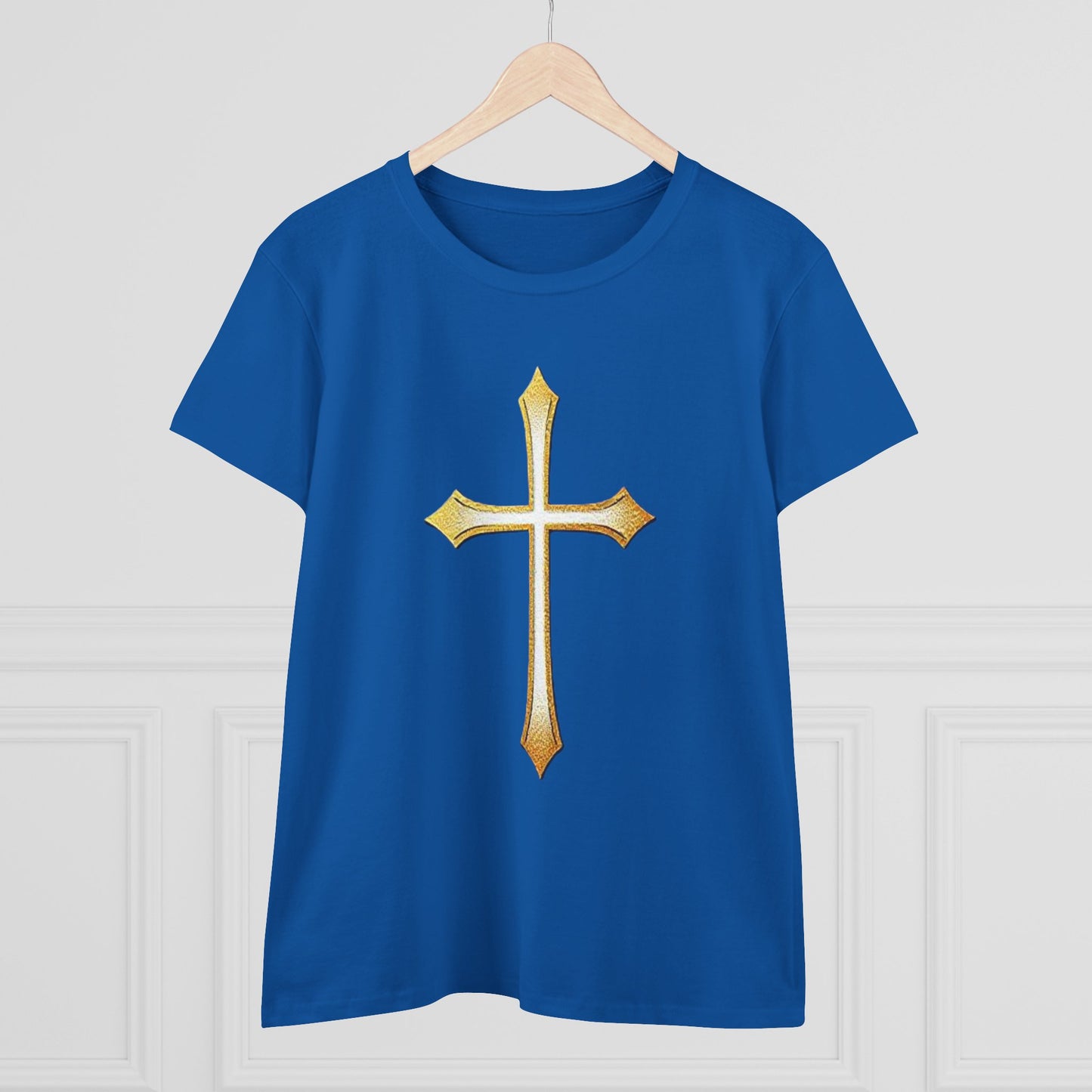 Women’s Gold Cross Tee – Christian Faith Shirt with Bold Cross Design