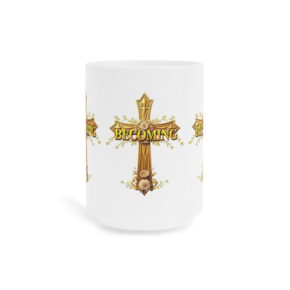 “Becoming” Ceramic Mug – Ornate Cross Design