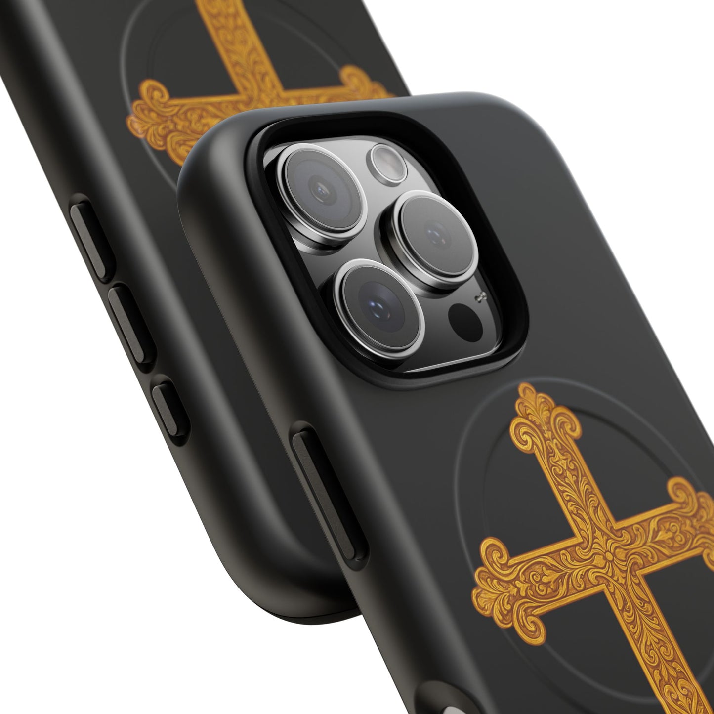 Gold Cross on Black Magnetic Tough Case for iPhone – Strength in Faith