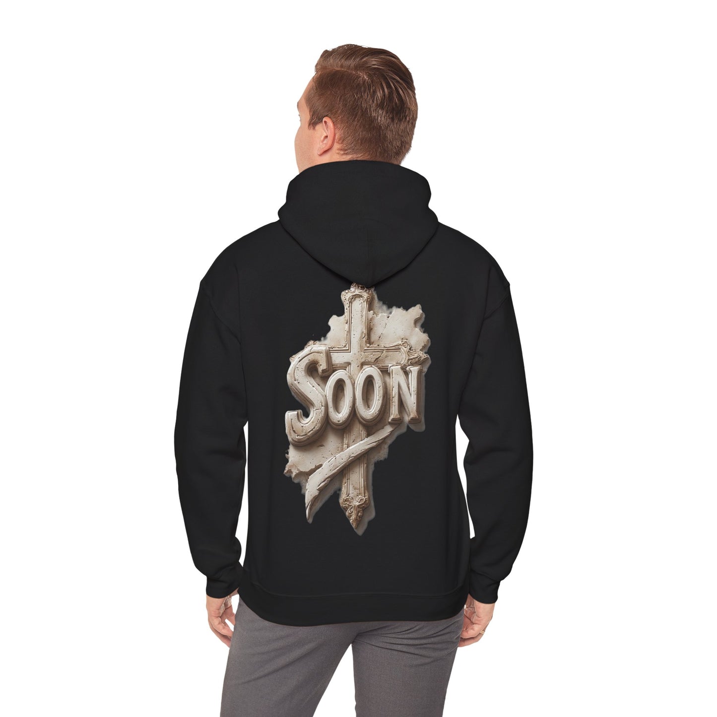“Soon” Cross Men’s Hoodie – Back Print Faith Statement