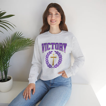 Victory Women’s Sweatshirt – Bold Purple Logo, Faith in Comfort