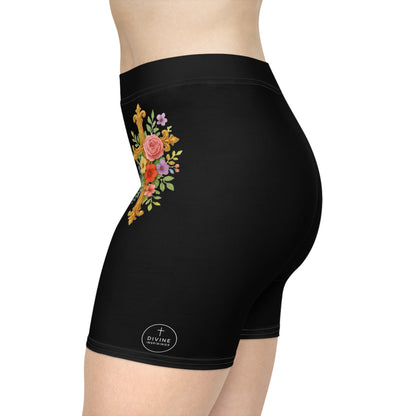 Floral Cross Women’s Biking Shorts in Black – Beauty and Strength in the Cross