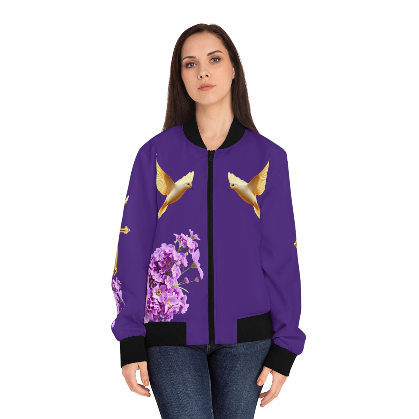 Heavenly Ascent – Gold Cross & Doves Women’s Bomber Jacket in Purple