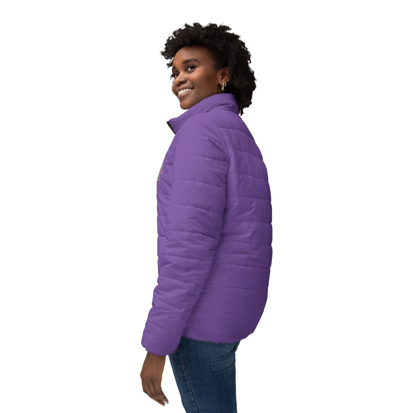 Blooming Faith Women’s Puffer Jacket in Mauve – Floral Cross Crest