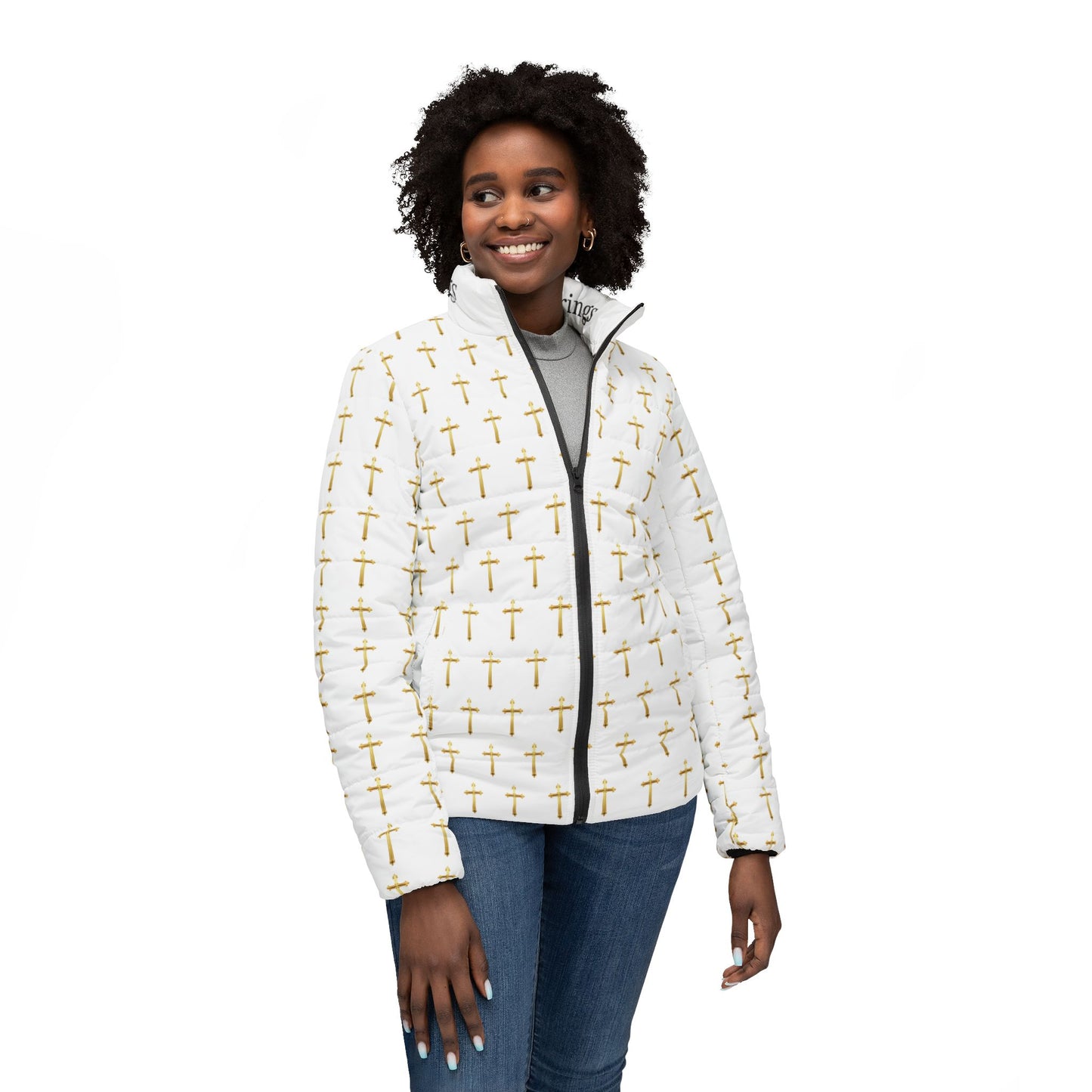 Golden Light Women’s Puffer Jacket – All-Over Cross Pattern