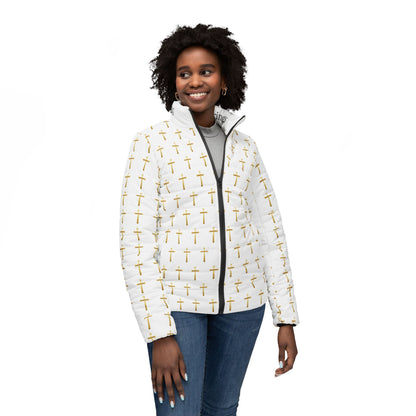 Golden Light Women’s Puffer Jacket – All-Over Cross Pattern