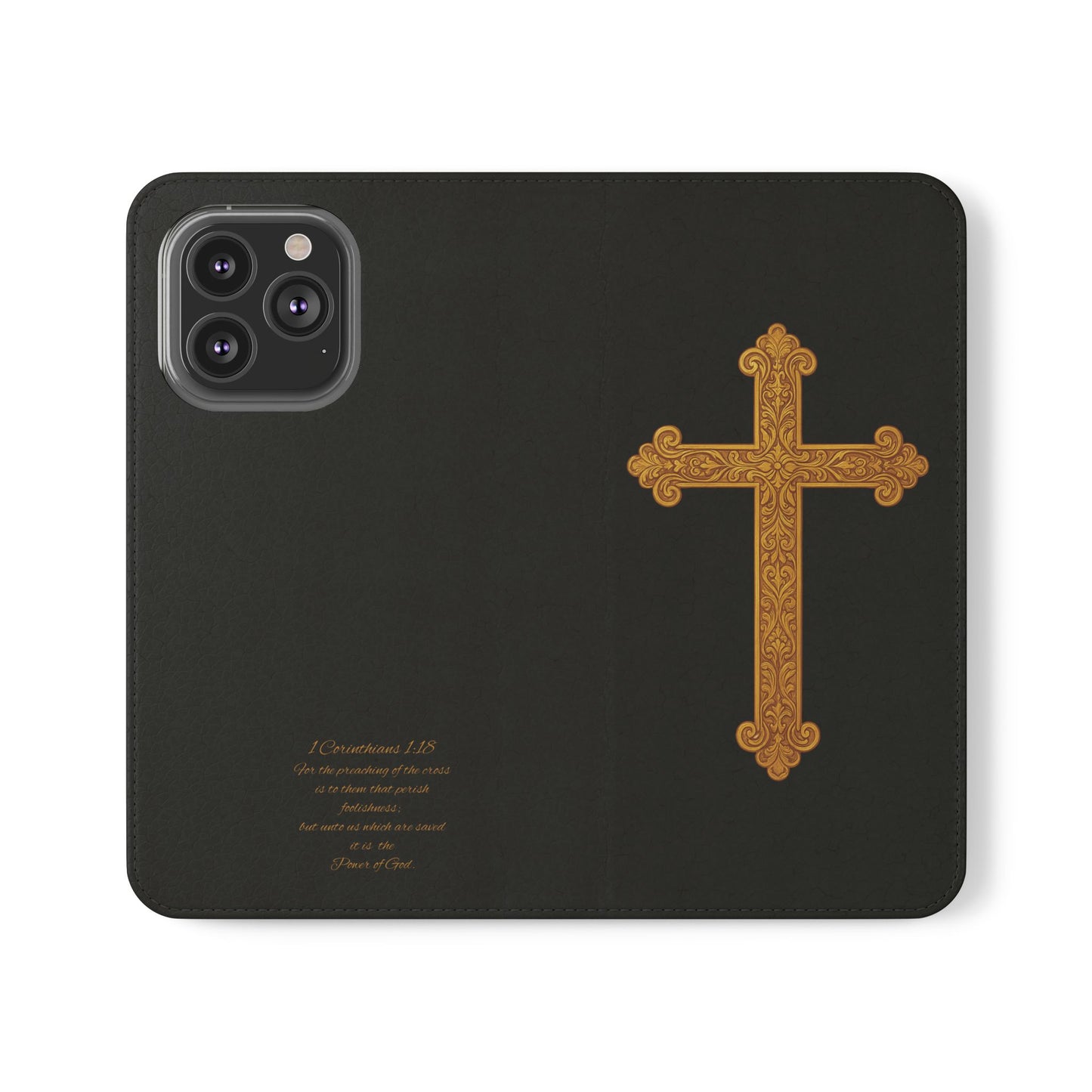 Black with Gold Cross & 1 Corinthians 1:18 - iPhone Flip/Wallet Phone Case