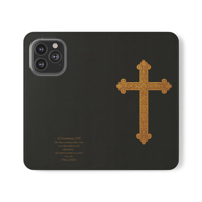 Black with Gold Cross & 1 Corinthians 1:18 - iPhone Flip/Wallet Phone Case