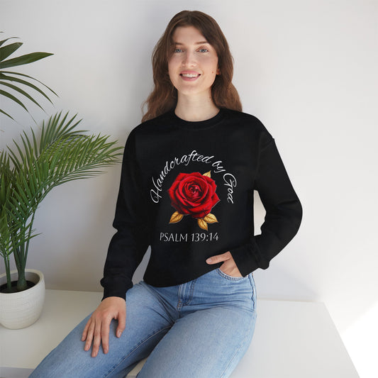 Handcrafted by God Rose Sweatshirt – White Lettering, Psalm 139:14