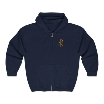 Radiant Faith Women's Zip-Up Hoodie with Gold Chi Rho Design