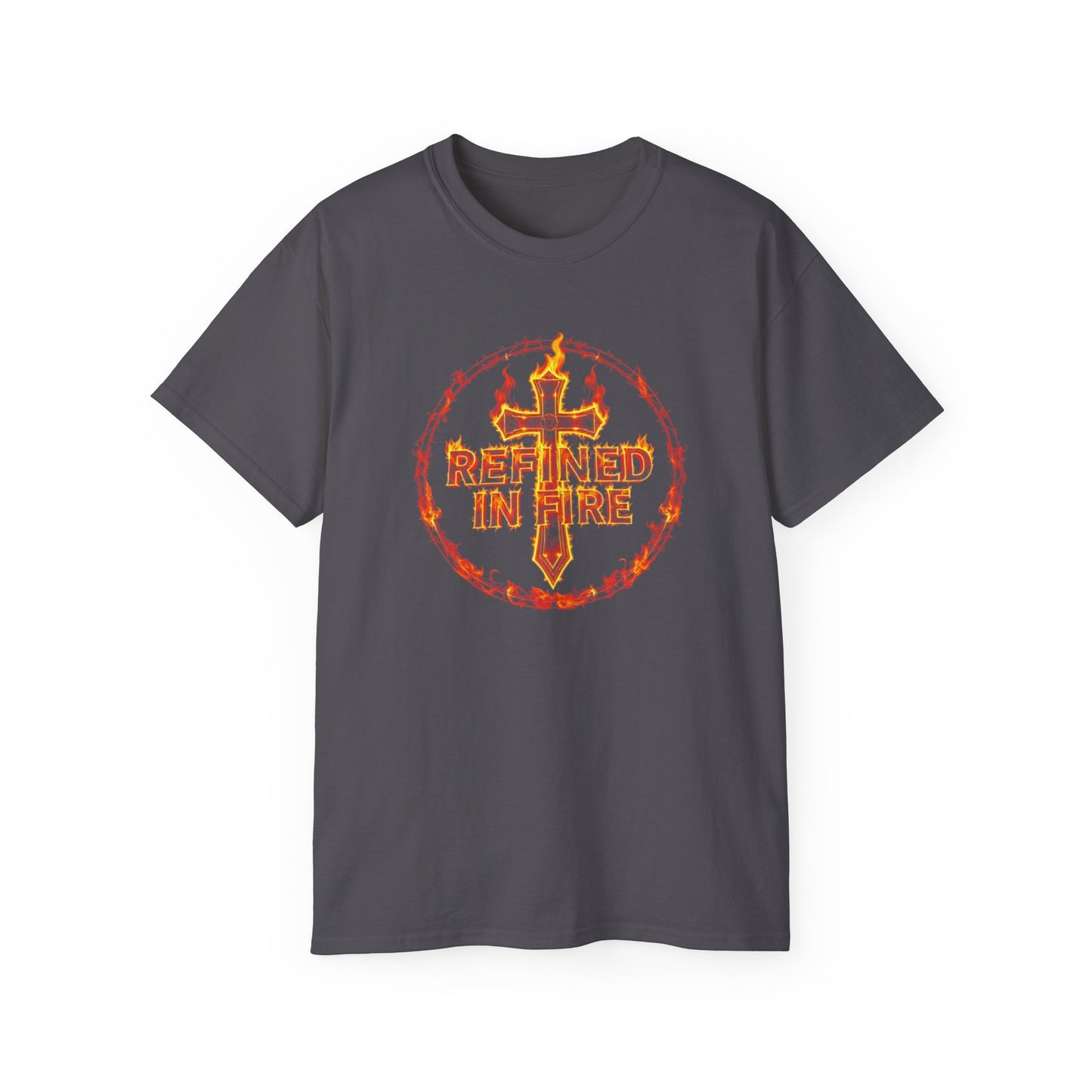 Men’s “Refined in Fire” Christian T-Shirt – Flame Text Spiritual Strength Tee