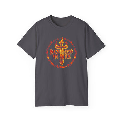 Men’s “Refined in Fire” Christian T-Shirt – Flame Text Spiritual Strength Tee