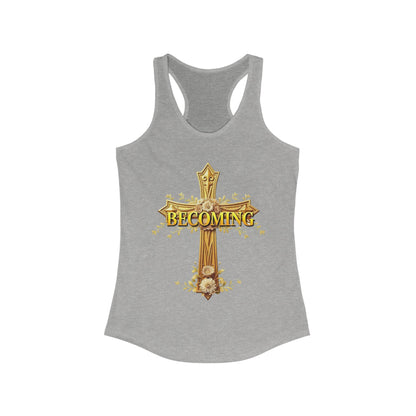 Becoming Women’s Racerback Tank – Gold Cross Edition (1 Corinthians 15:49)